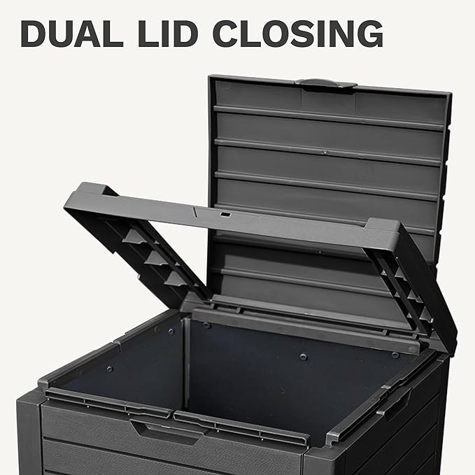 DWVO 38 Gallon Outdoor Trash Can with Lid & Drip Tray, Waterproof Hideaway Garbage Bin, Waste Container for Patio, Backyard, Deck, Garden, Easy Assembly & Clean (Black)
