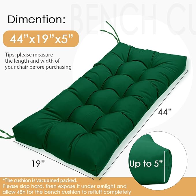 MTMR Outdoor Bench Cushion, Waterproof Wicker Chair Cushion, Thick Patio Replacement Seat Pad for Porch Lawn Indoor Swing Couch Sofa Loveseat, Patio Furniture Cushions, 44x19 Inch, Emerald Green