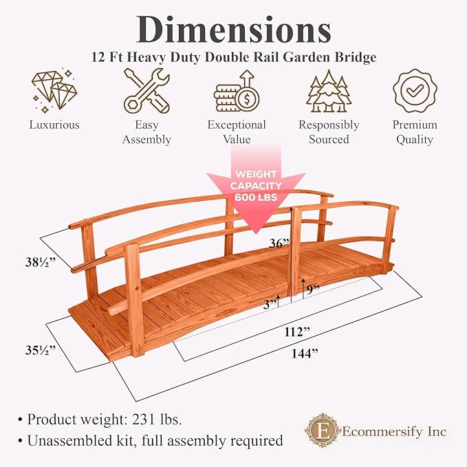 12 FT Cedar Amish Made Garden Bridge with Double Rails for Walkway, Backyard Pond & Landscaping, Outdoor Wooden Footbridge for Koi Pond, Japanese Style Decorative Bridge, Made in USA