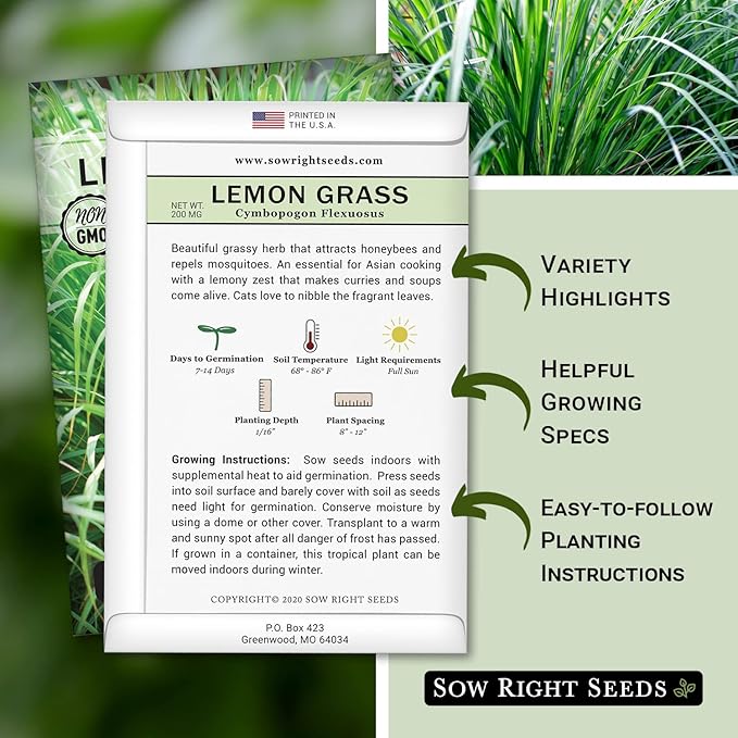 Sow Right Seeds - Lemon Grass Seed for Planting - Non-GMO Heirloom Packet with Instructions for Easy Planting and Growing an Herb Garden - Indoor or Outdoors - Delicious Culinary Herb (1)