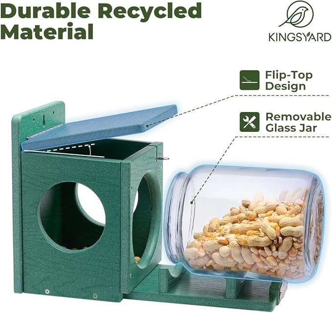 Kingsyard Recycled Plastic Squirrel Feeder for Outside, Squirrel Feeder Box with Peanuts Corn Storage Jar, Sturdy & Durable, Weatherproof (Green)