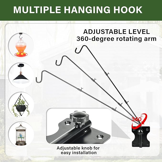 DAEHUI Deck Bird Feeder Hanger with 3in Clamp for Railing 41 Inch Bird Feeder Pole 360 Degree Swivel Plant Hooks for Hanging Baskets Wind Chime Lantern (1 Pack Wall Mounted Hook)