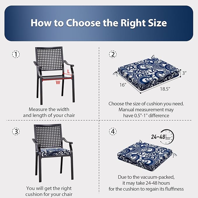 Outdoor Chair Cushions Set of 6, 18.5 x 16 Inch Patio Chair Cushions for Outdoor Furniture, Water Resistant, Non-Slip Ties (Blue Carp)