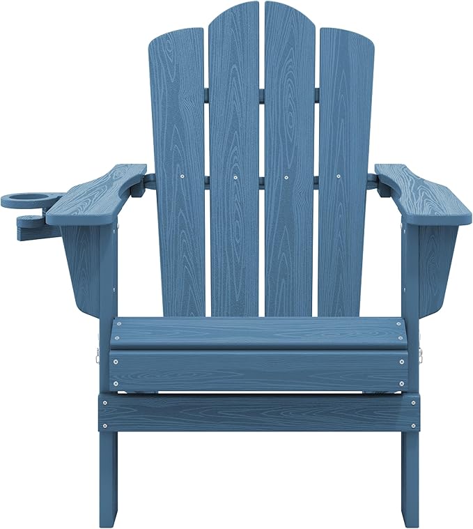 KINGYES Folding Adirondack Chair, HDPE All-Weather Patio Chairs with Cup Holder, Wooden Textured Fire Pit Chairs for Poolside, Backyard, Deck, Navy