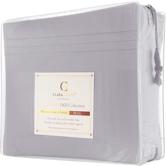 Clara Clark Bed Sheets, Premier 1800 Series 4 Piece Bed Sheet Set, Deep Pocket, Wrinkle, Fade, Stain Resistant, Luxury Soft Bedding Sheets & Pillowcases, Queen, Silver Gray