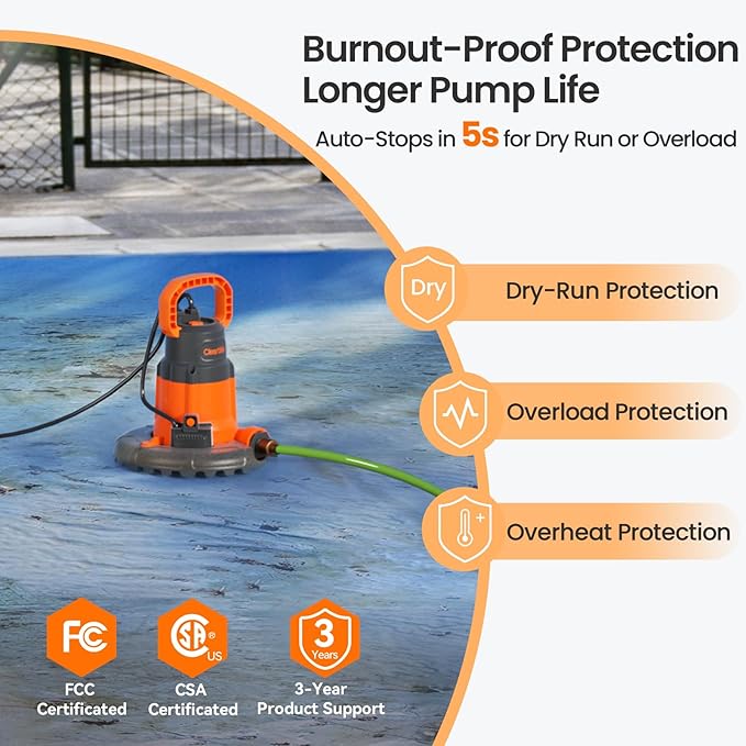 Cleartide Smart Automatic Pool Cover Pump, 1/4 HP 2160 GPH with Auto On/Off & Freeze Protection, Pump for Inground/Above Ground Winter Pool Covers, Dual Mode, 25ft Cord, 120V AC
