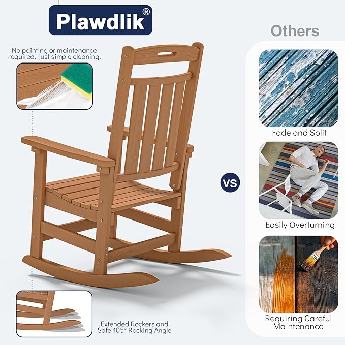 Plawdlik Oversized Outdoor Rocking Chair - All-Weather Resistant,HDPE Heavy Duty Patio Rockers with High Back - Perfect for Porch, Lawn, Garden, Modern Style,Teak