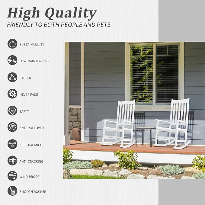 Outvita Outdoor Rocking Chair, Solid Wood High Back Rocker, All Weather Lounge Chair for Porch Patio Fire Pit Garden Backyard Deck Indoor, White