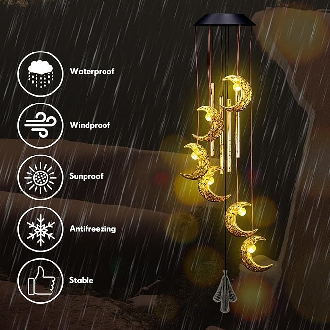 Solar Wind Chimes for Outside Waterproof Hanging Wind Chimes Lights Outdoor Decor Yard Garden Gifts for Mother Mom Grandma Wife Neighbors(Moon,Warm Colored Lights)