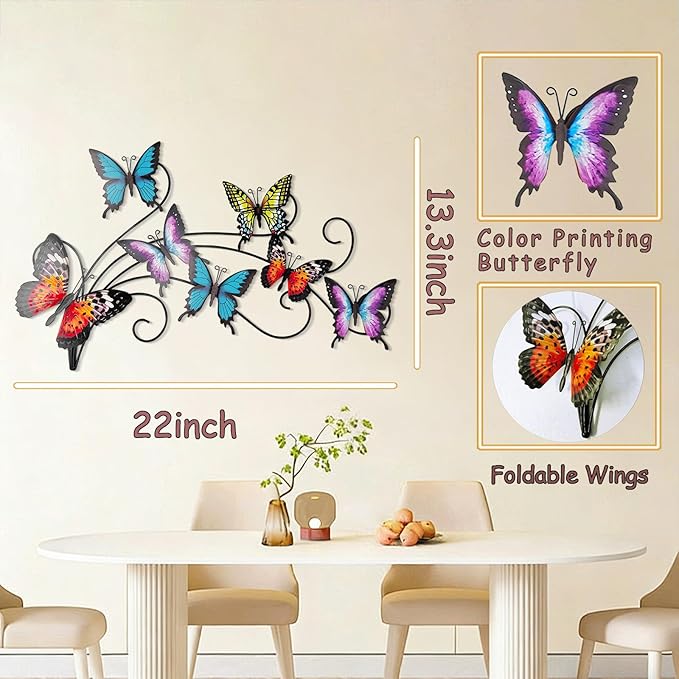 Metal Butterfly Wall Decor, 22"×13.3" Hanging Butterflies Wall Art Sculpture, Multi Color Butterfly Decorations for Patio Garden Fence Bedroom, Butterflies Gift for Father, Mother, and Grandmother