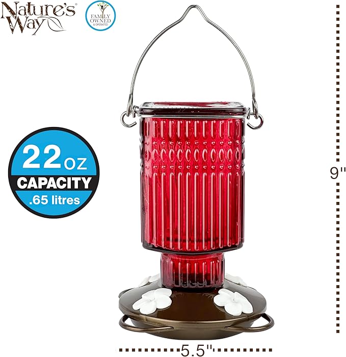 Nature's Way Hanging Glass Hummingbird Feeder for Outdoor Decor, 22 Ounce Capacity Nectar Feeder, 4 Easy to Clean Flexible Ports, Red