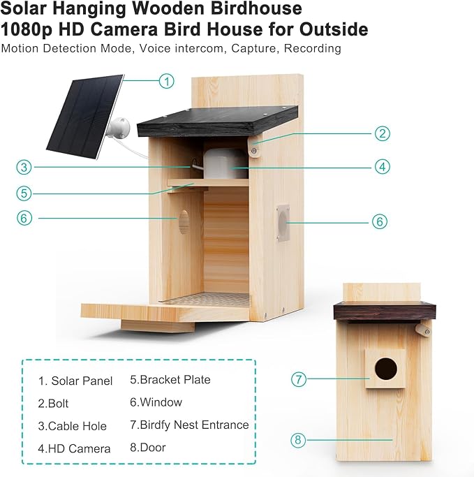 Solar Smart Bird House with Camera Bird Box for Outdoors - Full Color Night Vision 4MP HD Camera Birdhouse Auto Capture Bird Videos & Motion Detectio APP Control for Blue Tits Wild Birds(Wood)