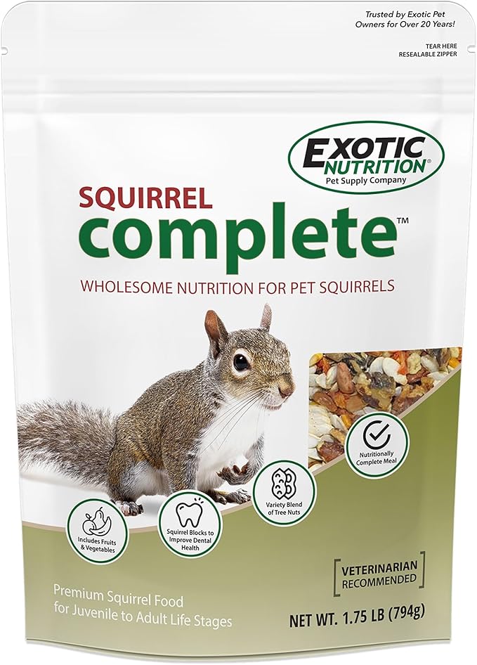 Exotic Nutrition Squirrel Complete (1.75 lb.) - Healthy Natural Food - Nutritional Diet for Pet & Captive Squirrels - Ground, Grey, Flying Squirrels, & Chipmunks