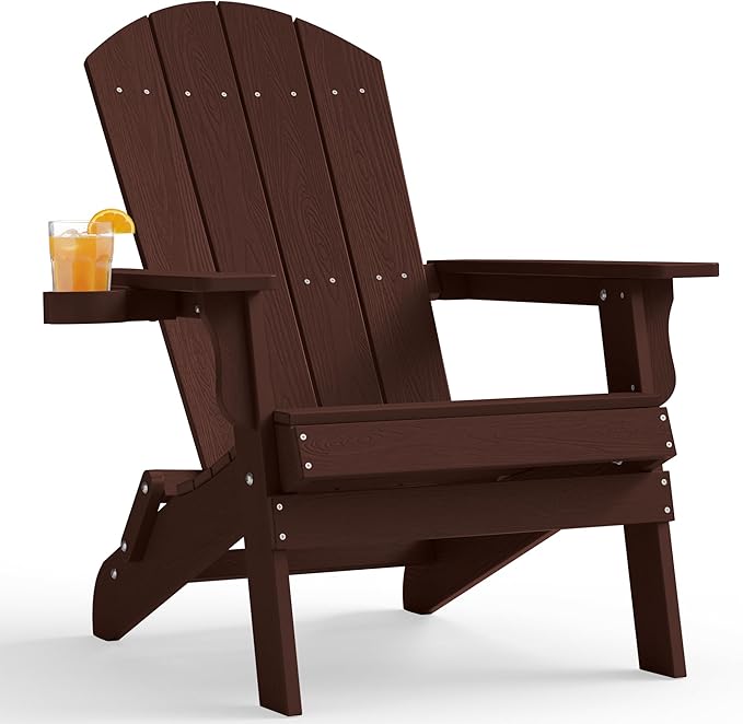 YEFU Adirondack Chair, Oversized Plastic Adirondack Chair Folding Outdoor Chairs with cup holder, Lawn Chair with Weather Resistant for Outside Deck Lawn Garden, Weight Capacity Up to 400 Lbs–Mahogany