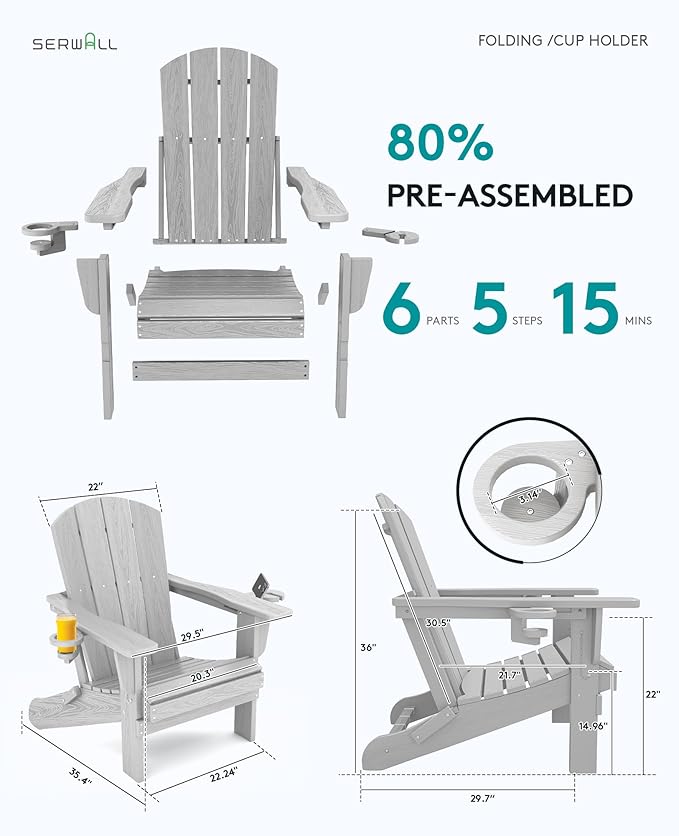 SERWALL Adirondack Chair with Cup Holders - Composite Adirondack Chairs HDPE Outdoor Chairs All Weather Use- Silver Gray