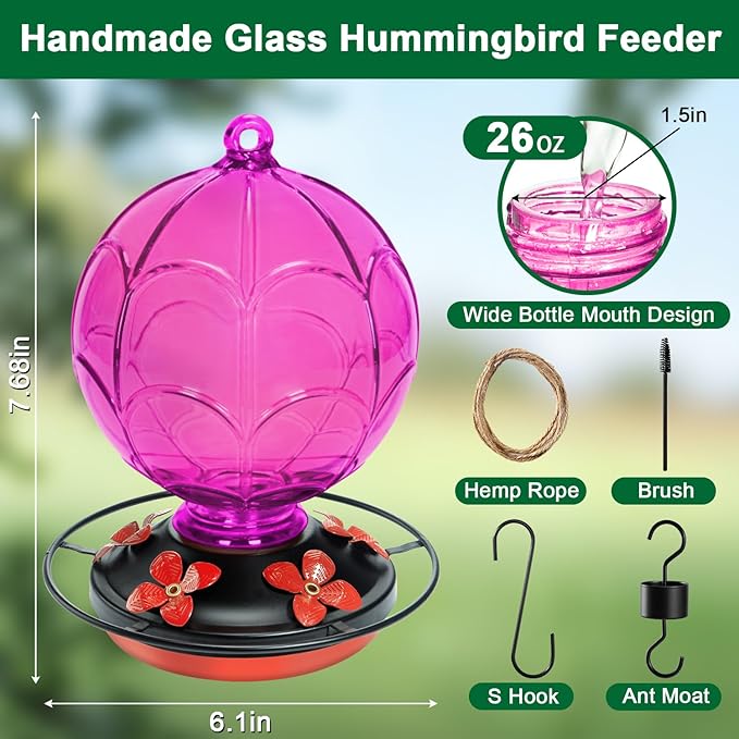 26 OZ Glass Hummingbird Feeder for Outdoors Hanging - Hand-Blown Hot Air Balloon Design - Leak-Proof & Ant Moat - Garden Decor Gift for Mom, Purple