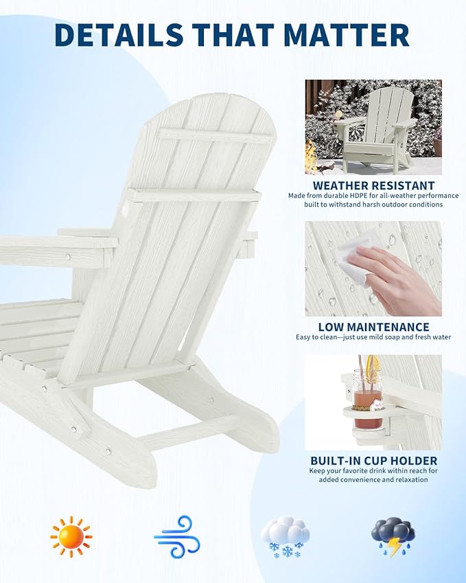 Folding Adirondack Chair, All-Weather HDPE Outdoor Chair, Wooden Textured with Cup Holder for patios, Decks, Gardens, fire pits, White