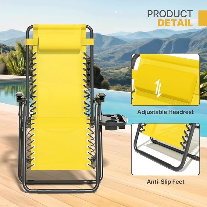 Magshion Zero Gravity Lounge Chairs Set of 2, Outdoor Patio Reclining Chair with Side Tray, Adjustable Anti-Gravity Recliners with Pillow Headrest, Folding Lounger for Lawn Camping Beach, Yellow