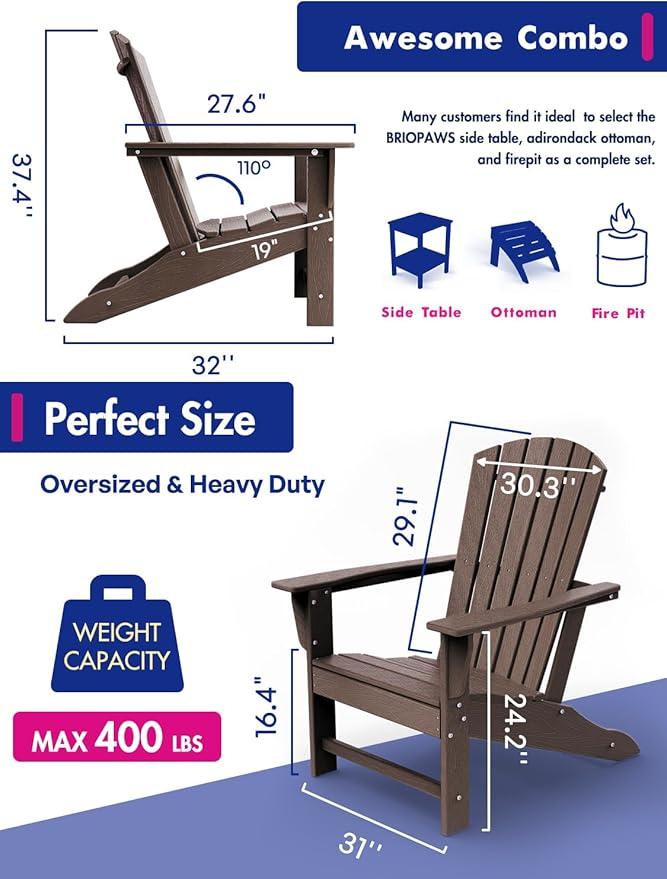 BRIOPAWS Adirondack-Chairs-Set of 6 | Brownwood Grain |Fire Pit Chair | Oversized | HDPE Plastic | Weather Resistant | for Deck Outdoor Poolside Campfire
