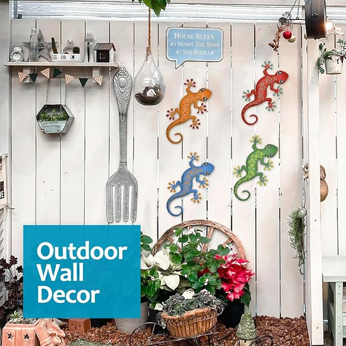 4 Pcs Metal Gecko Outdoor Decorations - Metal Wall Art Hanging Sculpture Decoration for Garden Yard Fence Porch Wall Decor, Gift for Mom Friends
