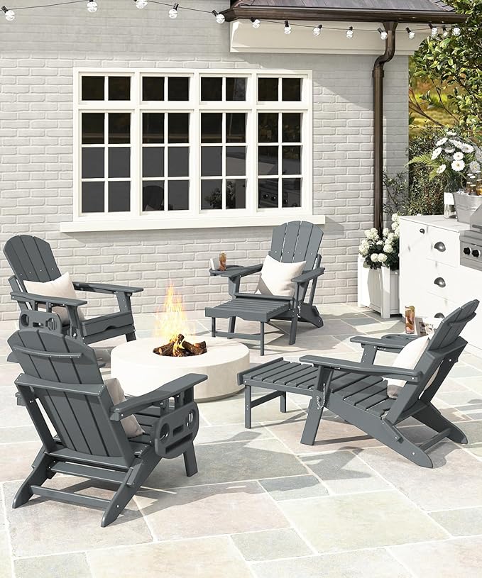 Adjustable Adirondack Chair with Retractable Ottoman Set of 8, HDPE Folding Adirondack Chair with Cup Holder, All Weather Fire Pit Chair for Outdoor.