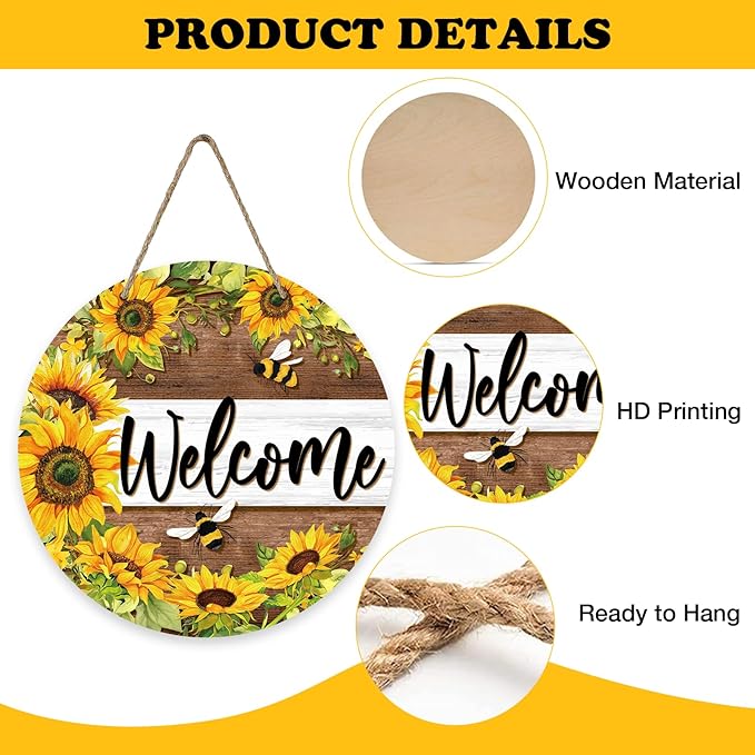 Welcome Spring Summer Sunflower Front Door Sign, Flower Bumble Bee Wood Door Hanger Outdoor Outside Porch Decor, Floral Honey Farmhouse Wooden Wreath Indoor Wall Hanging Decoration