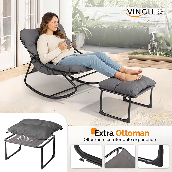 VINGLI Outdoor Rocking Chair with Ottoman, Comfortable Cushioned Lounge Chair for Indoor & Outdoor, Supports 400 LBS, Grey