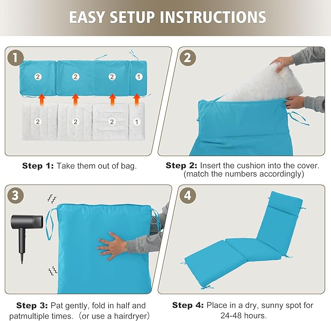 Chaise Lounge Cushion 72x21x3 Inch ?Set of 2 Outdoor Lounge Chair Cushions, Lounger Pad Replacement with Fade-Resistant, Removable & Machine-Washable Covers, Ideal for Patio Chaise Chairs, Teal