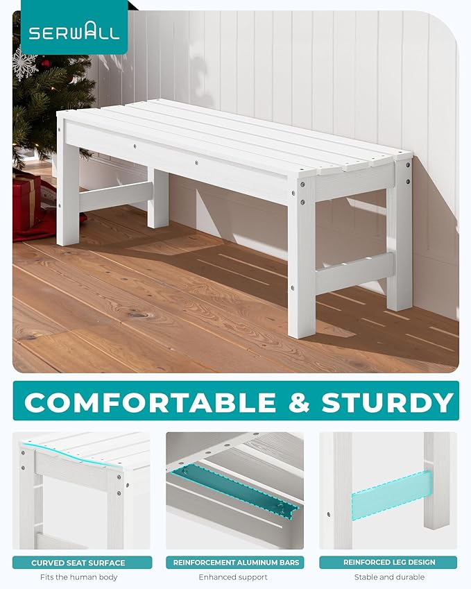 SERWALL 47 Inches Outdoor Bench, All Weather HDPE Backless Bench with Wood Grain Texture for Garden Porch and Park, Curved Bench Seat for Comfort, White