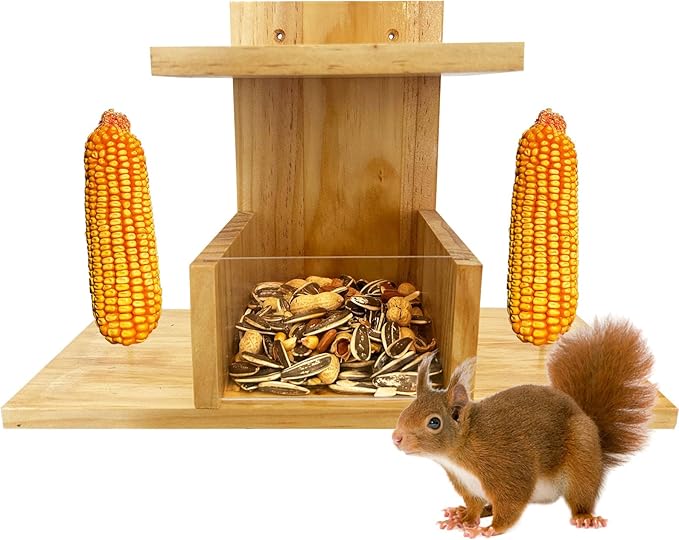 Squirrel Feeder, Wooden Squirrel Feeders for Outside, Durable Chipmunk Feeding House Corn Cob Holder and Peanut Nuts Tray for Outdoors, Easy to Clean & Refill, Waterproof