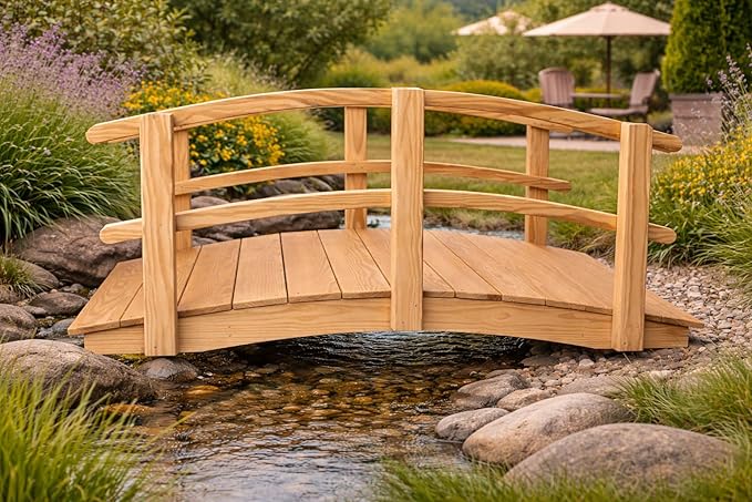 6 FT Natural Amish Made Garden Bridge with Double Rails for Walkway, Backyard Pond & Landscaping, Outdoor Wooden Footbridge for Koi Pond, Japanese Style Decorative Bridge, Made in USA