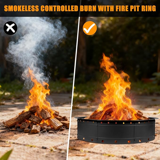 36 Inch Fire Pit Ring, Large Outdoor Campfire Pit for Patio Backyard Garden, Smokeless Steel Firepit with Air Vent for Efficient Burning & Anti-Rust Coating, Black Steel