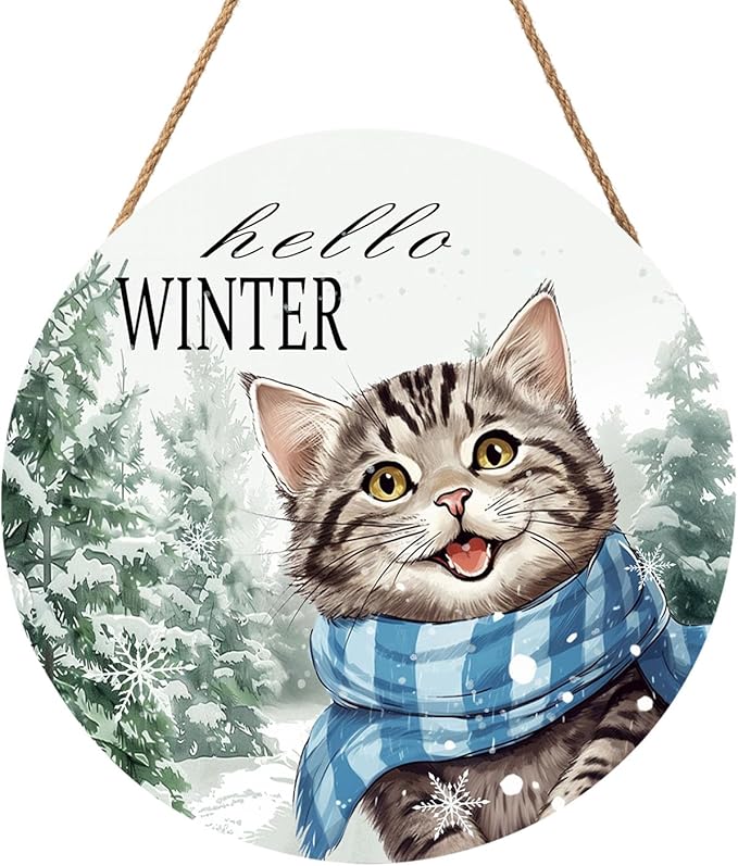 Hello Winter Cute Cat Door Sign For Front Door Decor,Green Pine Tree White Snowflakes Wooden Sign 12"x 12" Round Wood Hanging Door Sign Christmas Decoration for Wall Rustic Porch Decor