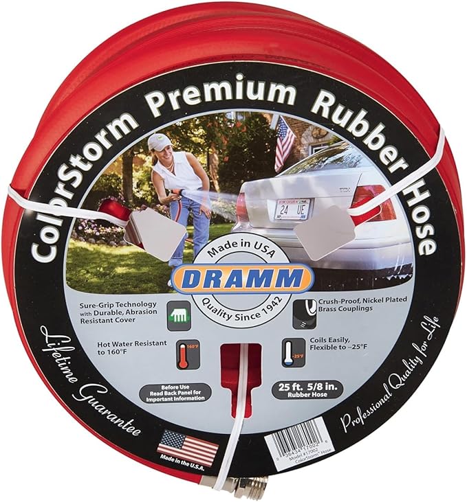 Dramm ColorStorm Premium Rubber Garden Hose, No Kink, Leak Proof Water Hose, Male Female Fittings, Made in USA, Hot & Cold Resistant, 518 Burst PSI, Red, 1/2"x25'