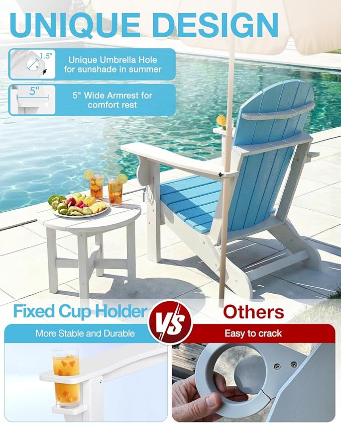 Folding Adirondack Chair –Recyclable HDPE Outdoor Adirondack Patio Chair with Cup Holder, Wood Texture & Umbrella Hole, 25-Year Fade-Free All Weather for Fire Pit, Porch, Poolside, Deck, Aruba & White