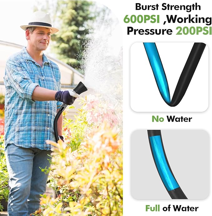 SPECILITE 3/4" Garden Hose 200 ft with High Flow Nozzle, Heavy Duty Flexible Hybrid Rubber Water Hose for Outdoor, Lightweight, Leak-Proof, No-Kink, 3/4"Brass Fittings,Black