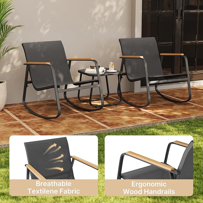 Aiho 3 Piece Rocking Bistro Set, Textilene Fabric Patio Furniture Set, Front Porch Rocker Chairs with Coffee Table for Lawn, Garden, Balcony, Poolside (Black)