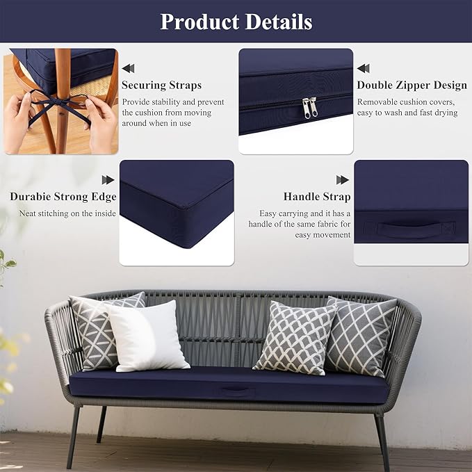 SHACOS Outdoor Bench Cushions 54 x 16 x 3.2 Inch Thick Bench Cushion, Waterproof Fade-Resistant Removable Cover with Ties Piping Edge, Bench Seat Cushions for Patio Porch Furniture, Navy