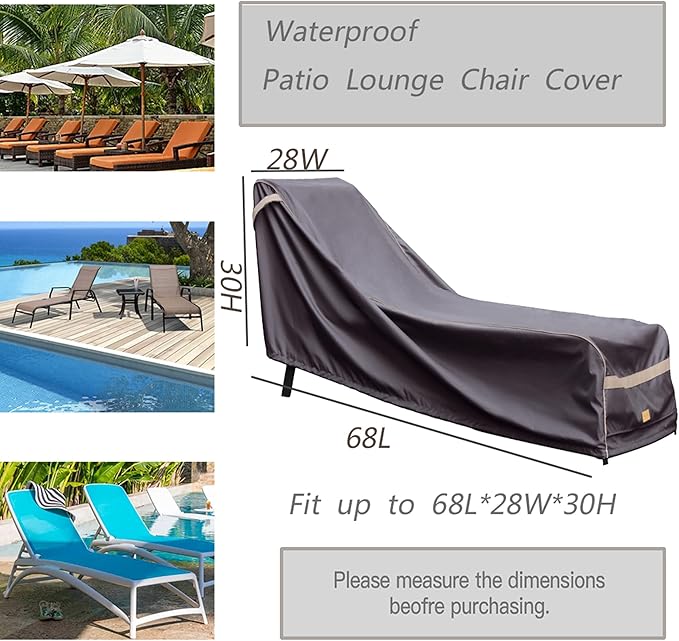 Patio Chaise Lounge Cover Waterproof, Heavy Duty Outdoor Lounge Chair Covers, Dark Grey Durable Patio Furniture Covers, 2Pack, 68" L*28" W*30" H