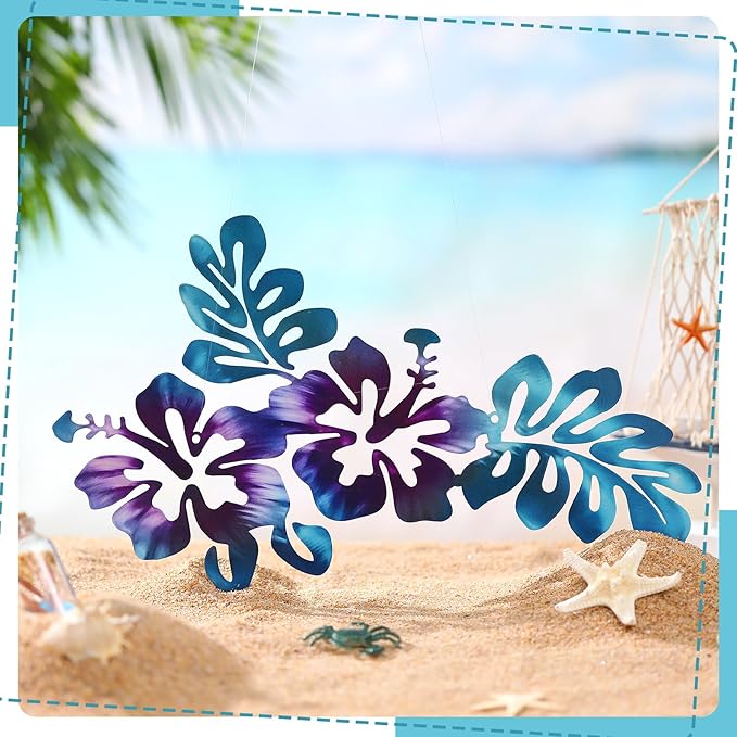 Tandefio Metal Hibiscus Flowers Wall Decor Hawaii Wall Art Rustic Tropical Flowers Decor Summer Vintage Tropical Plant Plaque for Home Bathroom