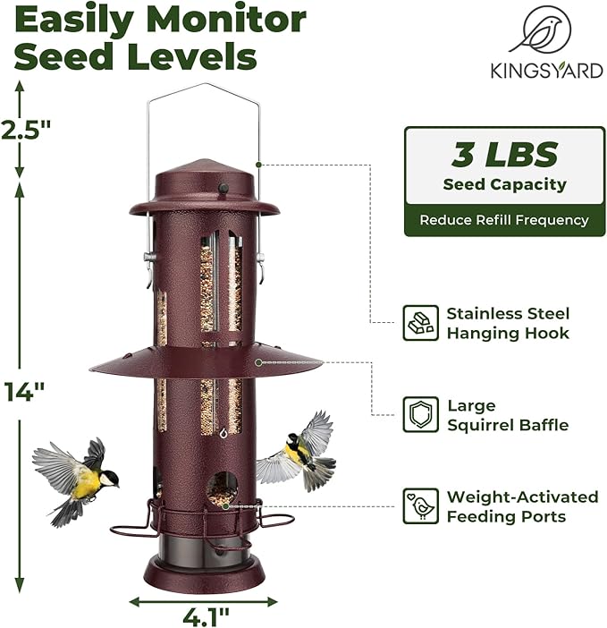 Kingsyard Squirrel Proof Bird Feeder for Outdoors Hanging, Metal Wild Bird Feeders with Removable Base and Baffle, Easy to Clean & Refill, 3 lbs Large Seed Capacity, Antique Copper