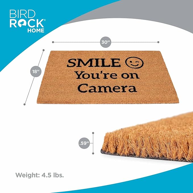 BIRDROCK HOME Smile You're On Camera Doormat - Front Door Mat for Indoor Outdoor Entrance - Black Border Rug for Entryway, Porch, Patio, House, or Backdoor - Low Profile, Easy to Clean - 18x30