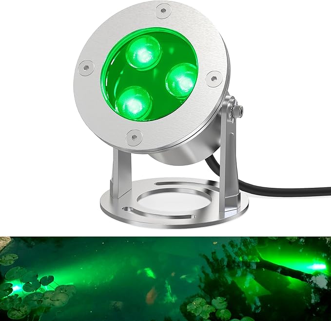 9W LED Underwater Lights Low Voltage 12V AC/DC, Architectual Grade Light Fixture Stainless Steel with Green Lighting, Suitable for Pond, Fountain Landscape Lighting Projects