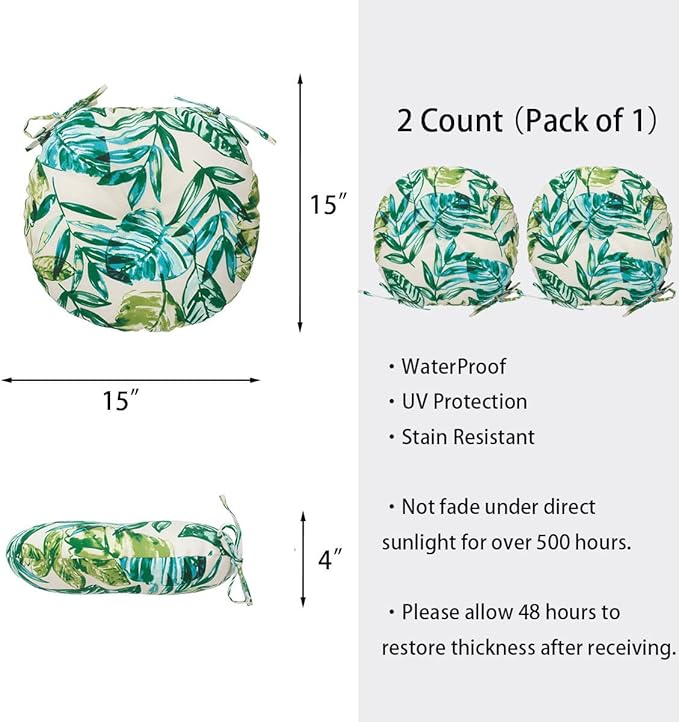 Bistro Chair Cushions 15 inch,Set of 2,Tufted Tropical Round Chair Cushions with Ties,15"x15"x4",Water Resistant Round Seat Cushion for Barstool,Patio Garden Kitchen Outdoor Furniture(Palm Leaf)