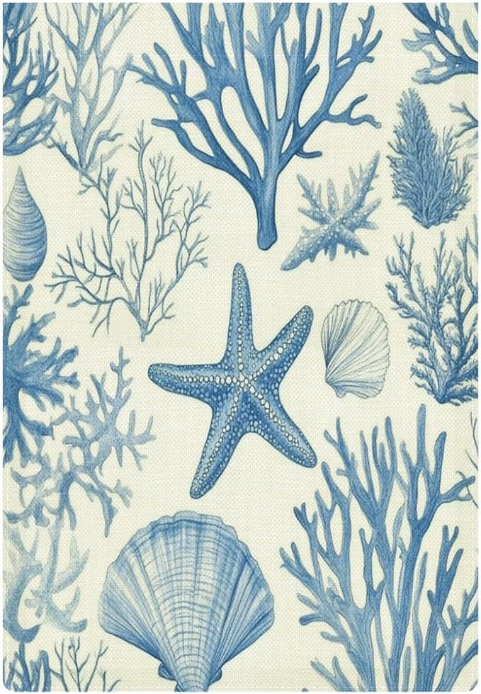 Coastal Nautical Garden Flag Double Sided Burlap 12×18 Inch Coral Reef Pattern with Starfish Shells And Corals Spring Summer Season Garden Flags Yard Flag Seasonal Outdoor Décor for Yard Farmhouse