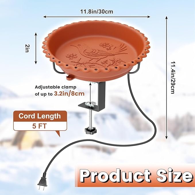 Heated Bird Bath for Outdoors, Upgraded 100W Thermostatically Controlled Heated Bird Baths for Deck Railing Large Capacity Heated Birdbath for Outside Winter Garden Yard Patio Lawn (Brown)
