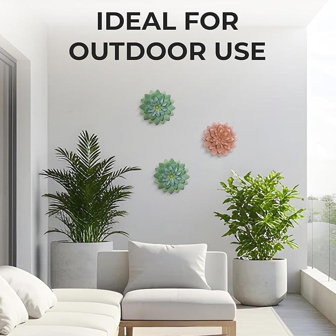 Everydecor Succulent Metal Flowers Wall Decor – Green, Hand Painted, 3D Flower Art Decoration for Living Room, Bedroom, Kitchen, Bathroom - Floral Decor for Indoor & Outdoor Use