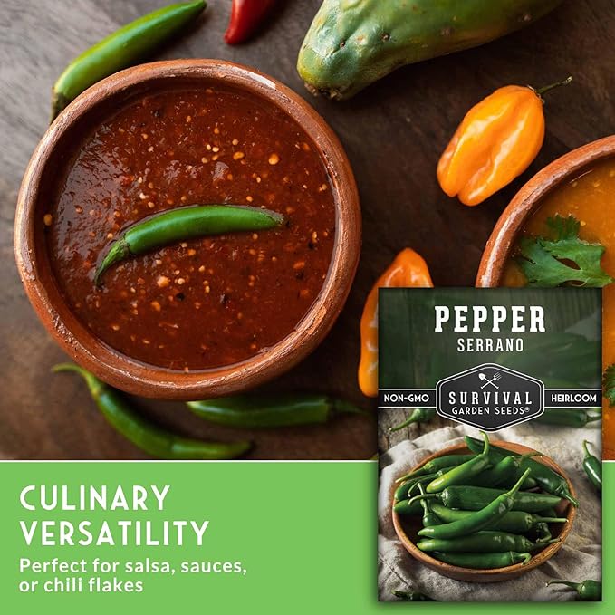 Mexican Serrano Pepper Seeds for Planting | Fresh Hot Chili & Green Hot Pepper Seeds – Heirloom Non‑GMO Variety for Sauce, Pickling & Salsa – Survival Garden Seeds (1 Pack)