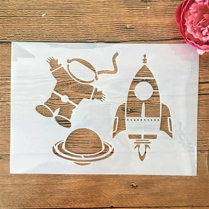 TIAMECH A4 Reusable Astronaut Stencil for Painting - Rocket Planet Layering Template, DIY Wall Art, Wood Furniture, Scrapbook & Crafts (8.3x11.7inch)