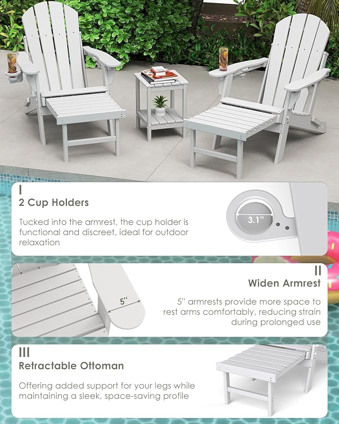GREENVINES Adjustable Adirondack Chair with Retractable Ottoman Set of 4 | Folding | HDPE Plastic | Fire Pit Chairs w/Foot Rest | 2 Cup Holders | White | for Outdoor Patio Poolside Deck